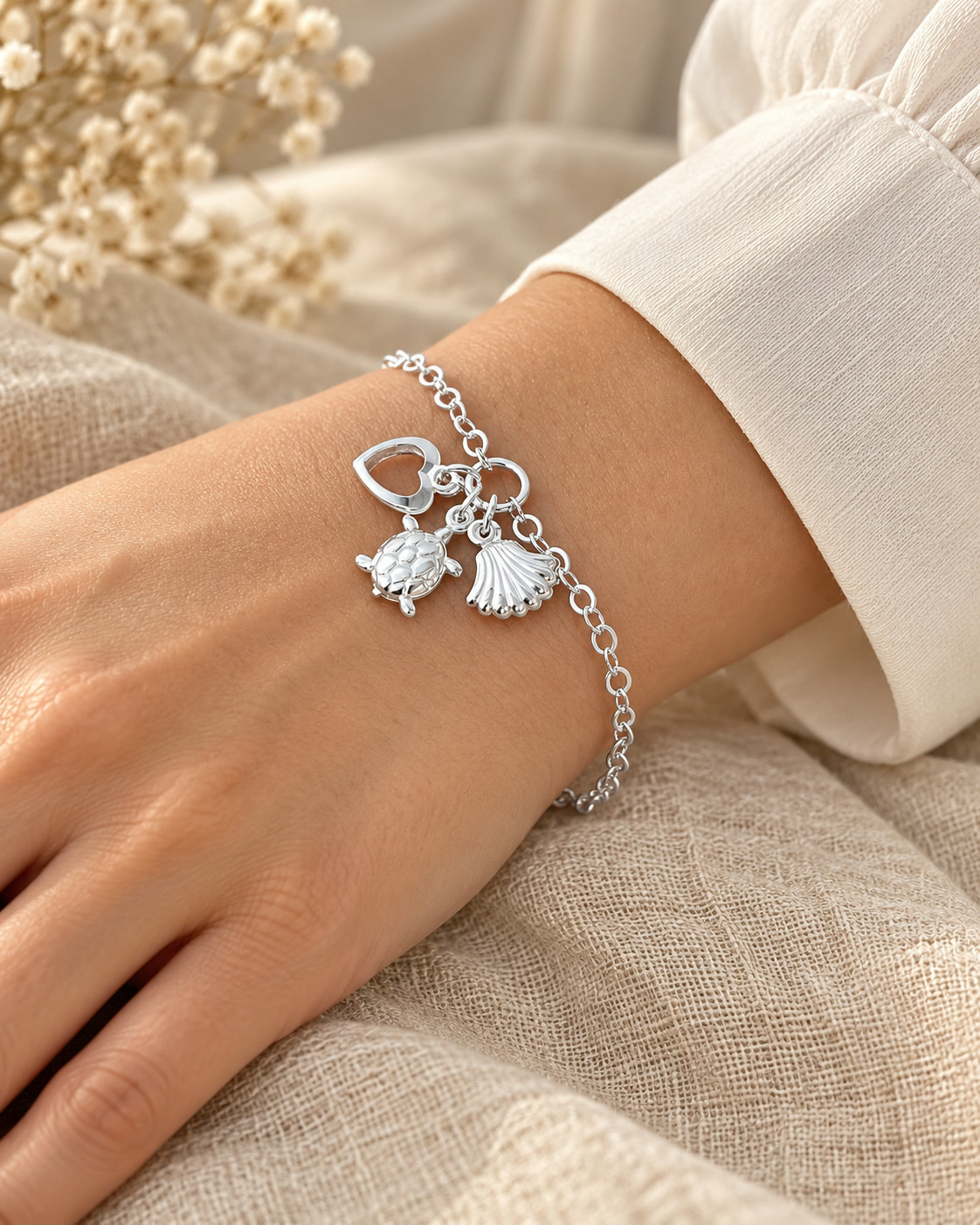Pulseira Feminina Concha Tartaruga Coração Prata 925 Maciça