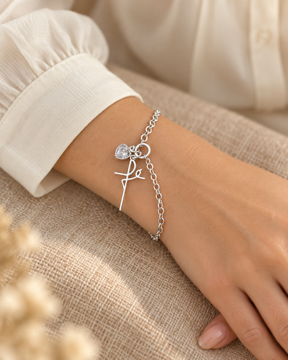 Pulseira Feminina Fé Coração Zircônia de Prata 925 Legítima