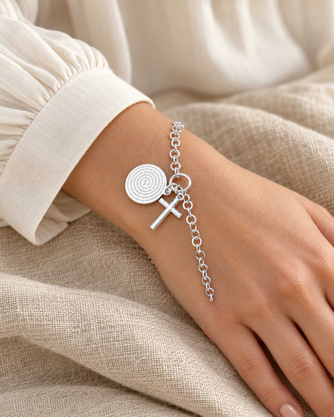 Pulseira Feminina Oração Pai Nosso Cruz Prata 925 Original